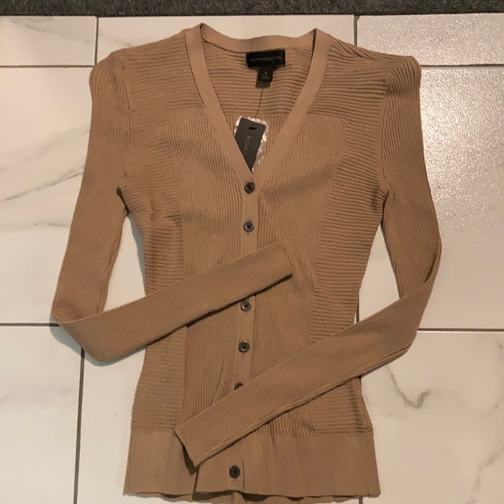 Size small Worthington tan button up sweater. Brand new!